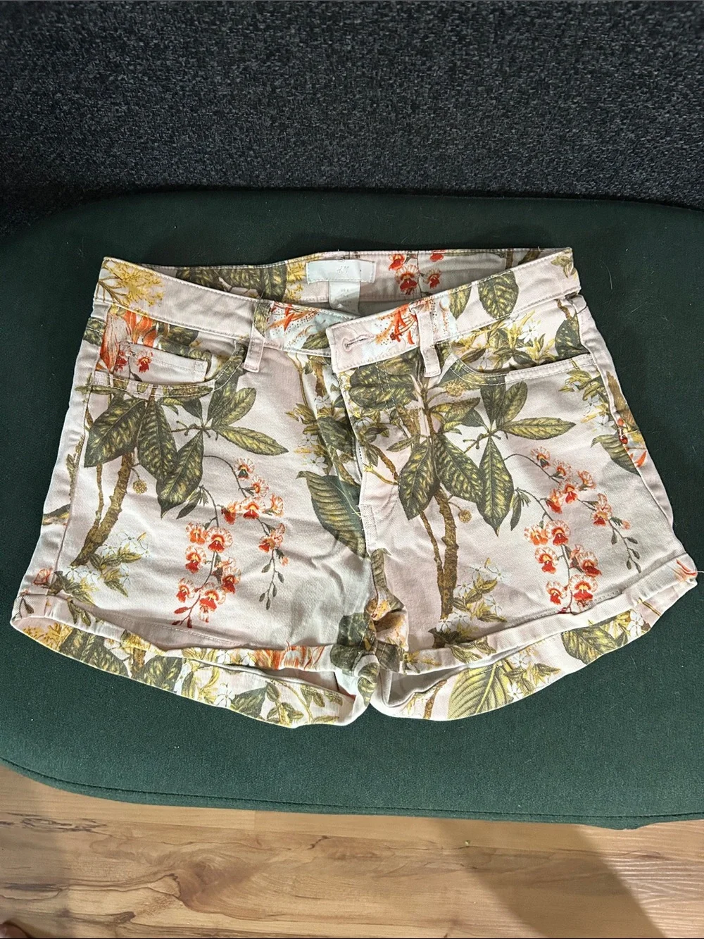 Floral Print Women’s Shorts in Cream and Green